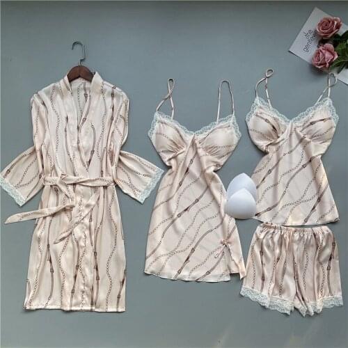Spring Sexy Satin Silk 4/2/1Pcs Lace Trim Printed Pajamas Sleepwear Homewear Sleep Lounge With Chest Pads Nightwear