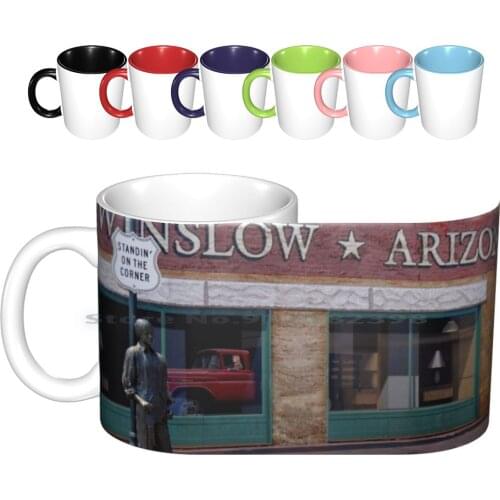 Standin' On The Corner Ceramic Mugs Coffee Cups Milk Tea Mug Standin On Corner Band Song Take It Easy Winslow Arizona Statue