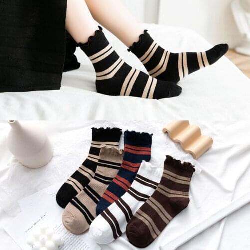 Yishine 10 Pairs New Cute Womens Tube Socks Cootton Stripes Pile Socks Fungus-Side Striped Embroidery Socks