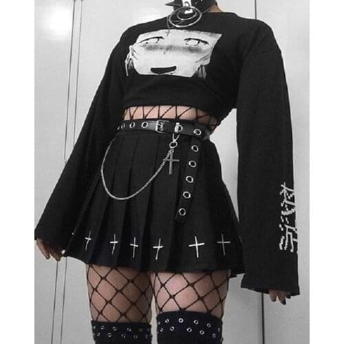 Womens Pleated Skirt Slim High Waist Mini Black Cross Print Skirts Gothic Style Streetwear Skirt Lolita College Skirt Plus Size