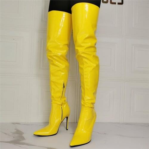 Women Crotch Long Yellow Dance Boots Faux Leather High Heels Side Zip Over Knee Boots Ladies Shoes Woman Large Size 44 45 46 47