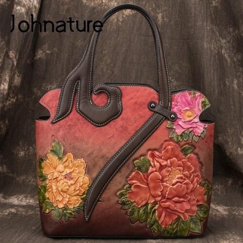 Johnature 2021 New Retro Luxury Handbags Women Bags Designer Genuine Leather Handmade Embossing Totes Shoulder & Crossbody Bags