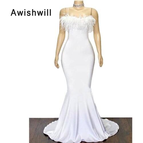Sexy Long Prom Dress White Spaghetti Strap Feathers Mermaid Formal Evening Dress for Women Vestidos de Fiesta de Noche