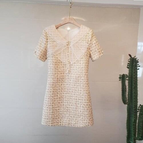 Fashion Women 2020 New Tweed Dress Short Sleeve Twill Mini Dress Pearls Button Elegant Ladies Slim Fit Party Dresses