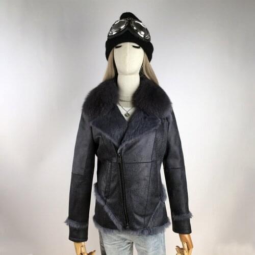 Women Winter Genuine Sheepskin Coat Ladies Real Sheepskin Jacket V Neck Zipper Thick Warm Coats With Fox Fur Collar Fashion 2021