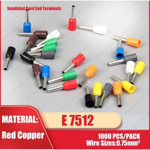 1000pcs/pack E7512 PVC Insulated Terminals Wire Connectors Bootlace Ferrules For 0.75mm2, 20 AWG Wire, 12mm of Pin Length