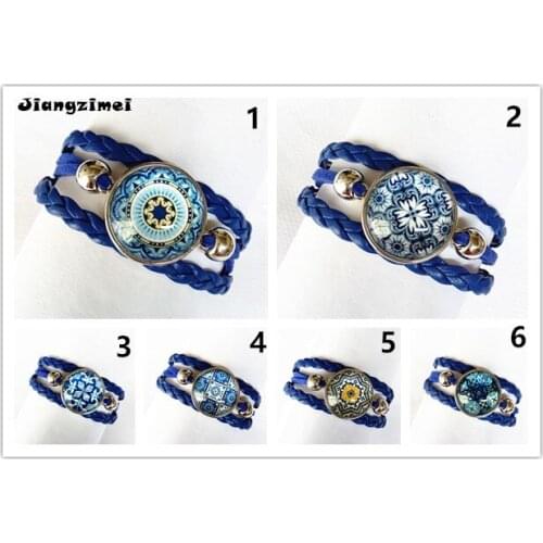 24pcs/lot(Mixed 6 models) Blue and white Porcelain Round Glass Cabochon Cartoon Leather Bracelet Bangle for women
