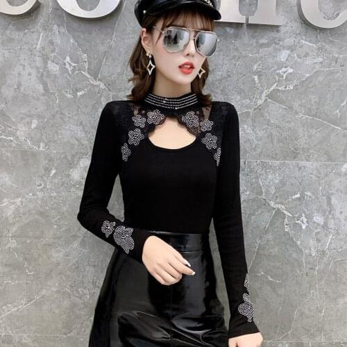 #5760 Spring Black Sexy Turtleneck T Shirt For Women Diamonds Sexy Casual Spliced Lace Hollow Out Womens Tops Vintage Fashion