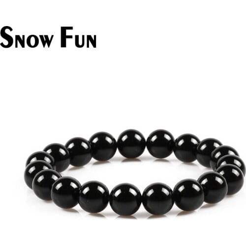 Snow Fun 10mm Black Agate Round Beads Bracelet for Women Men Charm Bracelets Jewelry