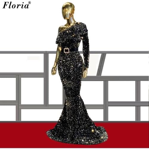 Middle East Black Evening Dresses For Women Party One Shoulder Elegant Prom Dresses Evening Wear Turkish Couture Vestidos