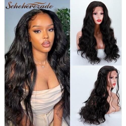 Black Synthetic Lace Front Wig With Baby Hair Body Wave Lace Front Wig For Women T Part Long Wigs Heat Resistant Scheherzade
