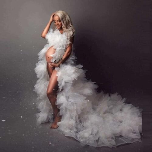 2021 Floral Maternity Gown Strapless Long Train Organza Tulle Pregnancy Dresses For Photo Shoot Open Front Flouncing Handmade Fl