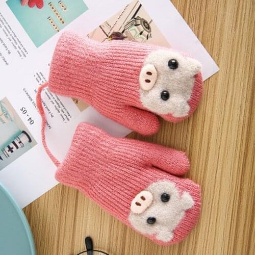 Baby New Cute Pig Gloves with Rope Winter Knit Wool Newborn Mittens Thick Children Kids Keep Finger Warm 3-5 Years Old