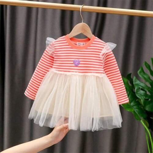 Kids Dresses Girls Long Sleeve Autumn Winter Clothes Striped Loveheart Wings Splicing Mesh Princess Party Dress Children Outfits