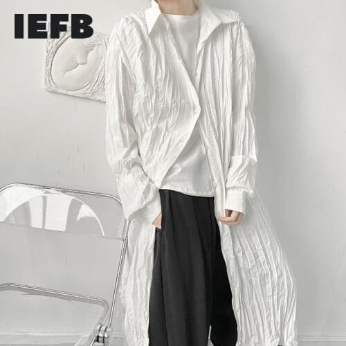 IEFB Niche Design Mens Wrinkled Oversize Long Shirt Fashion Japan Streetwear 2021 New Black White Causal Sunscreen Clothing