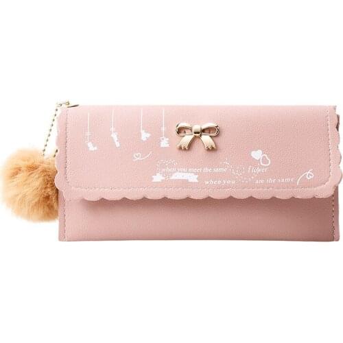 Women PU Leather Wallet Women Long Wallet Pure Color Wool Ball Bow-knot Clutch Women Money Card Holder Coin Purse 2020 Phone Bag