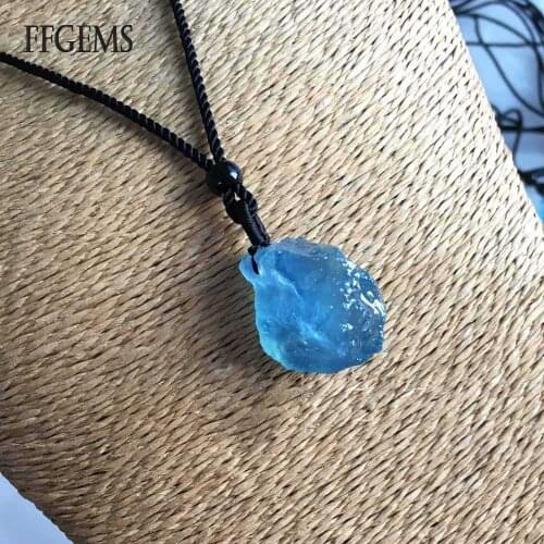 FFGEMS Natural Aquamarine Raw stone certificate Blue sapphire simple silver necklace Fine Jewelry for Women Wedding Party Gift