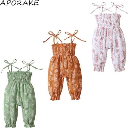 2021 0-18M Summer Baby Pineapple Print Long Romper Girls Sleeveless Stretchy Sling Jumpsuit with Ruffle 3 Colors