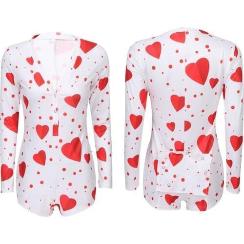 Women Sexy Lingerie Deep V Neck Long Sleeve Bodysuit Fashion Casual T-shirt Cartoon Hearts Print Slim Shorts Jumpsuit Bodysuit