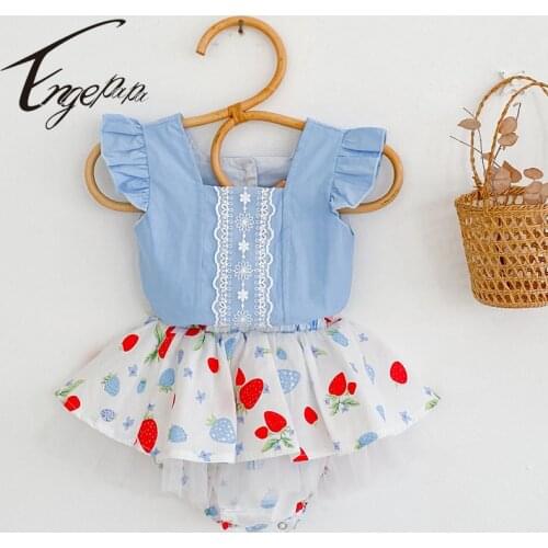 Engepapa Infant Baby Girls Clothing Suit Strawberry Print Shorts Skirt+Fly Sleeve Lace Stitched Tops Toddler Girls Clothing Sets