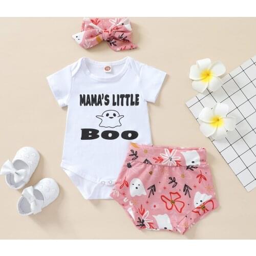 Summer Baby Girls Three-piece Halloween Set Short Sleeve Letter Ghost Bodysuit Pink Bloomers and Headdress Outfit