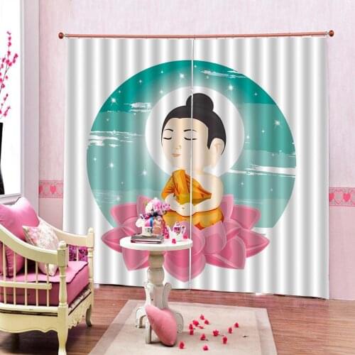 Cartoon Buddha statue Curtain Pink lotus flower Blackout curtain Print Childrens room bedrom Drapes Decor Sets 2 panels Hooks