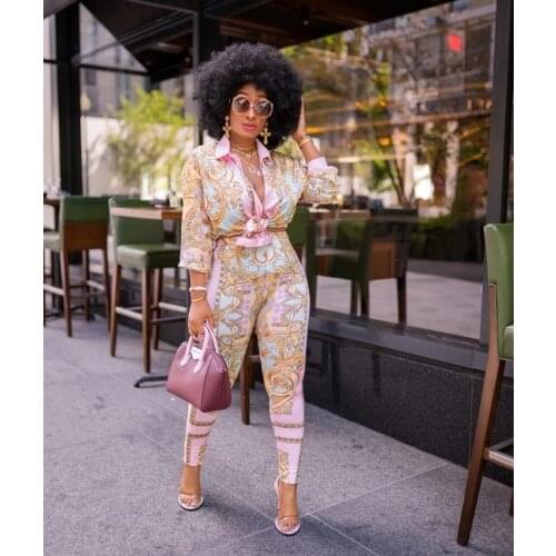 2021 New Print Elastic Baggy Pants and Front button mid-length shirt Rock Style Suit Lady Outfits Two Piece Sets For Women