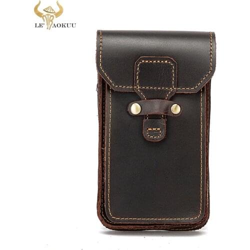 New 2021 Crazy Horse Leather men Design Retro Slim Hook Bum Bag Travel Fanny Waist Belt Pack Cigarette Case 6" Phone Pouch 2088