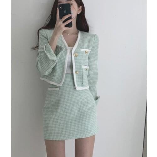 Office Ladies Two Piece Set Women Top And Skirt Patchwork Elegant 2 Piece Sets Korean Autumn Womens Outfits Slim Skirt Set