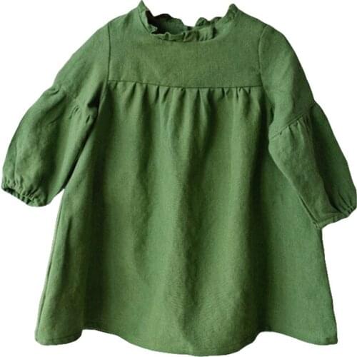 Autumn Girls' Solid Cotton Linen Long-sleeved Dress Childrens One-piece Dress Casual Dress for Girl