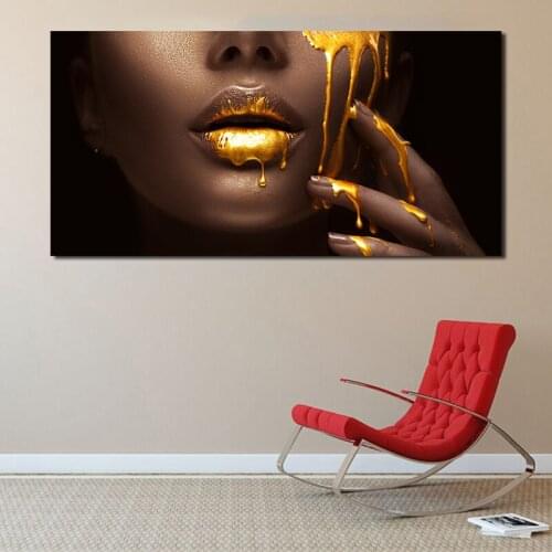 Canvas Posters Prints Sexy African Woman Girl Gold Lips Wall Art Painting Oil Decorative Picture Modern Bedroom Home Decoration