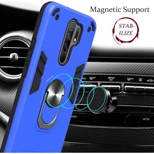 Armor Shockproof Case For Xiaomi Redmi 9 9A 9C Magnetic Metal Ring Stand Holder Soft TPU Frame Hard PC Protective Back Cover