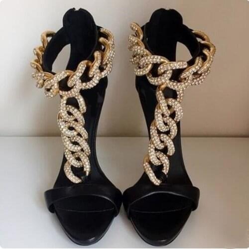 YUE JABON Sexy T-Strap Chain High Heel Sandals Gold Metal Studded Gladiator Heels Sandals Women Peep Toe Cut-out Shoes Black