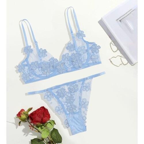 Sexy Lace Lingerie Set Small Floral Embroidery Bra G-string Paties Suits Bralette With Steel Ring Thong Ladies Underwear