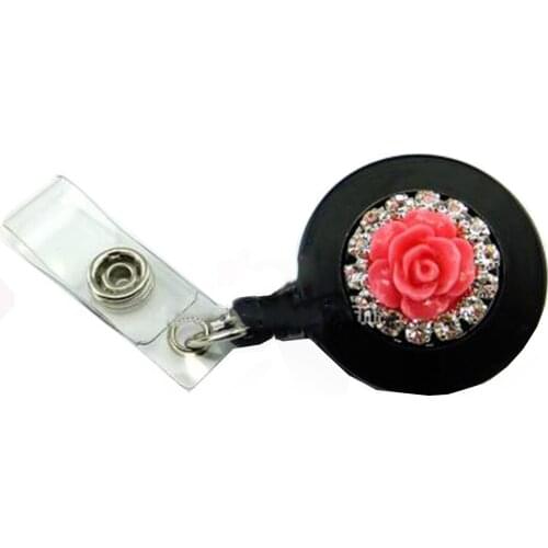 Wholesale Vintage Crystal Red Rhinestone Flower Retractable Reel ID Badge Holder