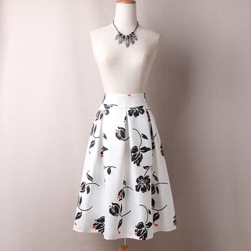 Size M-XL Zipper Close Flower Print Skirt Women Summer Fashion New In Empire Knee-Length Pleated Floral Falda Vintage Midi Skirt