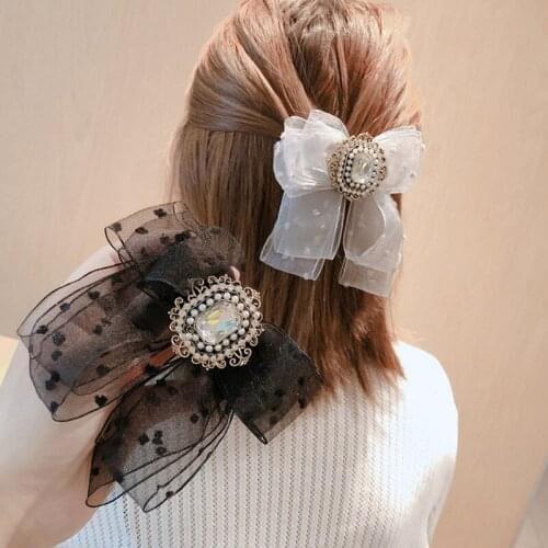 Korean Yarn Bow Spring Clip Crystal Headband Hair Pins Head Jewelry Fashion Bridal Headpiece Hair Accessories for Women Wedding