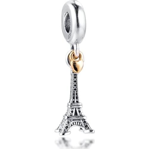 CKK Eiffel Tower 14K Real Gold Charms 925 Original Fit Pandora Bracelets Sterling Silver Beads for Jewelry Making Women
