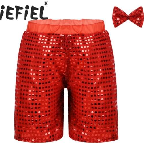 Children Unisex Kid Boys Girls Glittery Sequined Ballet Dance Shorts with Bow Set for Choir Jazz Dance Stage Performance Clothes