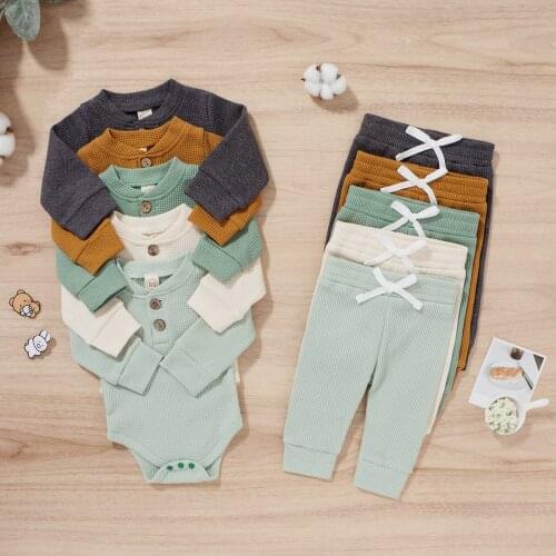2Pcs Toddler Boys Girls Autumn Outfits Suit Cotton Solid Color Long Sleeve Romper+Pants for Clothes Sleepwear Kids 0-24 Months