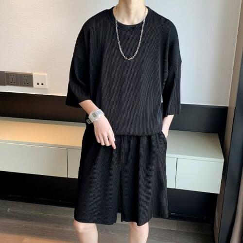 Summer wear ins mens stripe short sleeve T-shirt sports leisure suit Korean youth loose shorts two piece set
