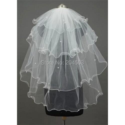 Multi-Layer Elbow Length White or Ivory Wedding Veil with Comb Beaded Veil