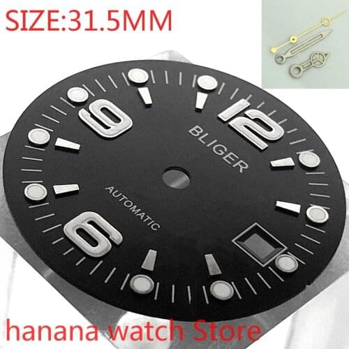 Bliger Sterile 31.5mm Square Dial Date Kit with Hands Miyota 8215/8205/821A ETA 2824/2836 Mens Watch Night Plate Parts black