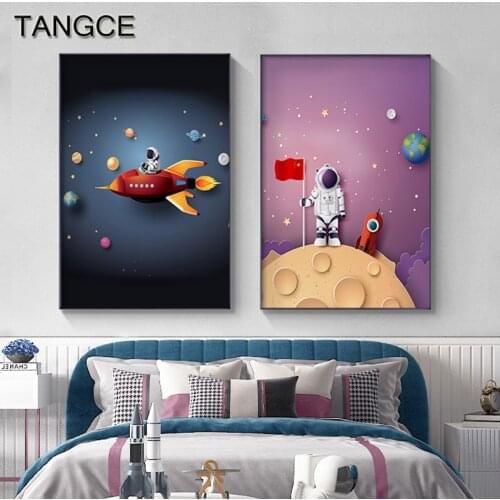 Nursery Canvas Wall Art Pictures Print Posters Nordic Baby Cartoon Astronaut Universe Painting Kids Children Bedroom Decoration