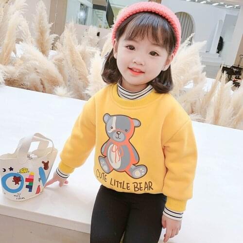 New Spring Winter Girl Casual Sweatshirts Children Knitted Woolen Cute Bear Letter Warm Thicken Turtleneck Cartoons Plus Velvet