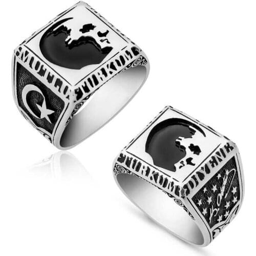 Original silver, What Happy Turküm Say Writed AtaTurk Silhouette Straight Male Ring Types