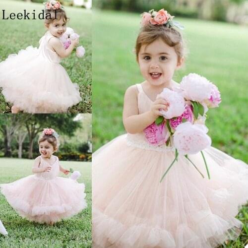 Flush Pink Flower Girls Dresses Lovely Jewel Neck Tulle with Lace Girls Tutu Pageant Dress Kids Birthday Communion Gowns Custom
