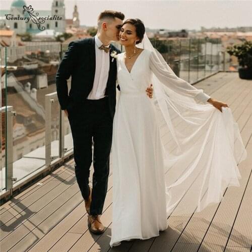 Simple Beach Wedding Dresses Long Sleeve V-Neck Zipper A-Line Boho Bridal Gowns Bohemian Bride Dress for Women Vestidos De Novia