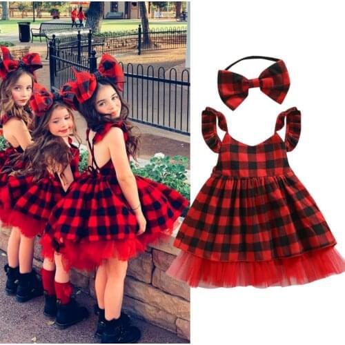 Christmas Baby Girls Sweet Dress Headband Plaid Printed Ruffles Sleeve Lace Tutu Xmas Dresses Outfits Costume 0-4Y