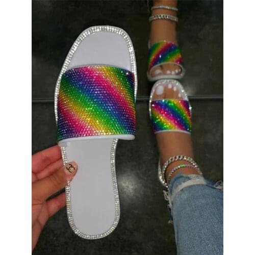Ladies Sandals Flat Glitter Sandals Rhinestone Jelly Purse Shoes for Women Summer Slipper Bling Rainbow